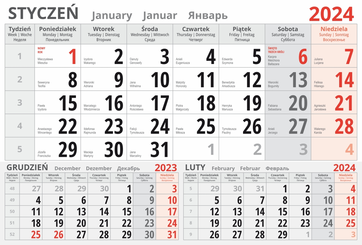 kalendarium jednodzielne 2024 - styczeń