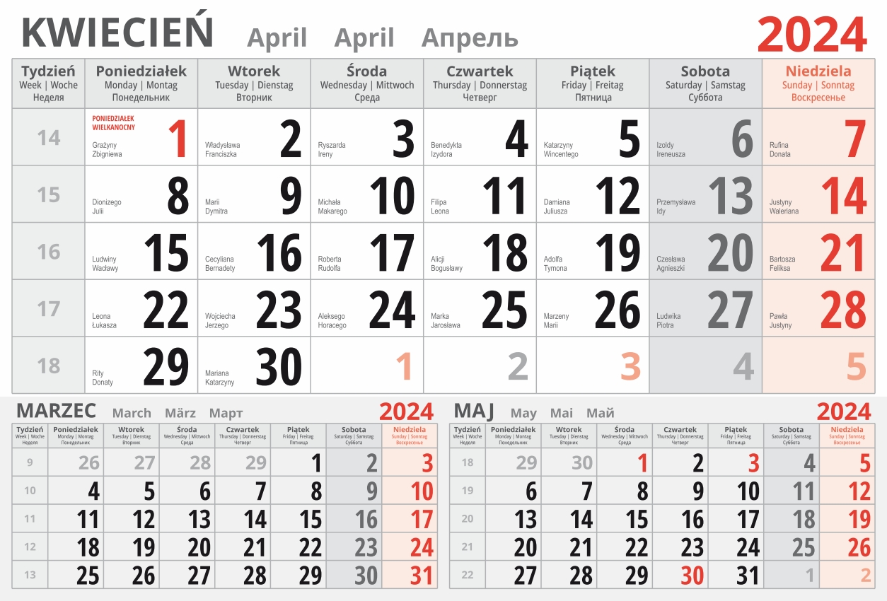 kalendarium jednodzielne 2024 - kwiecień