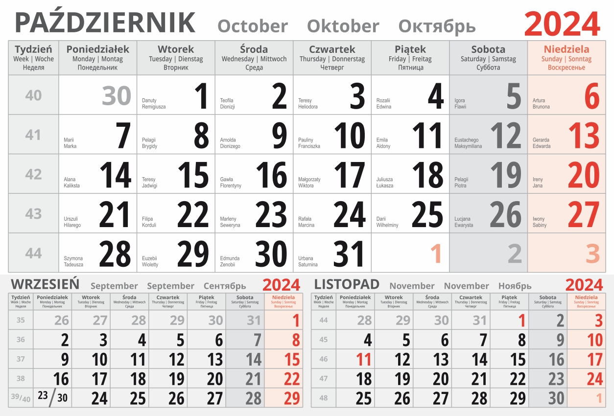 kalendarium jednodzielne 2024 - październik