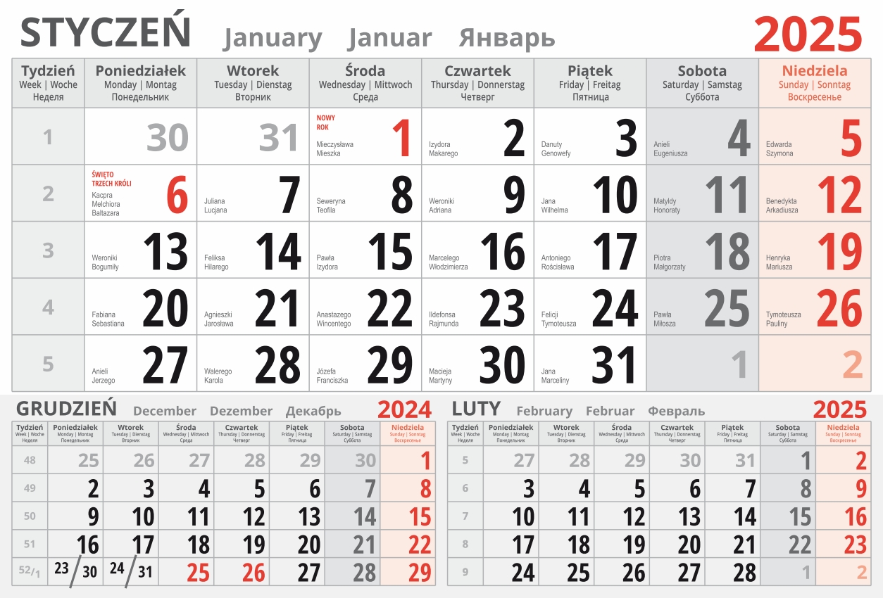 kalendarium jednodzielne - styczeń 2025