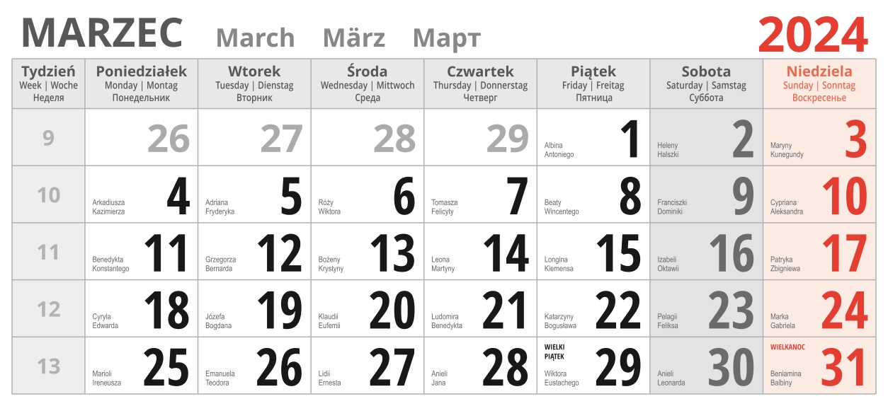 kalendarium trójdzielne 2024 - marzec