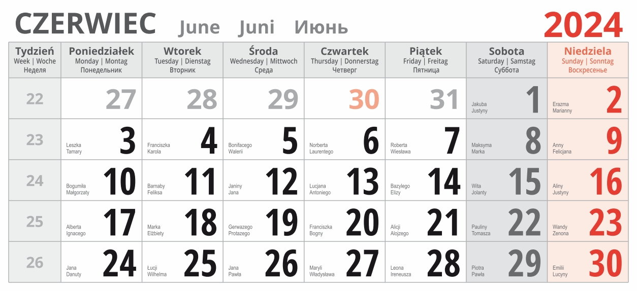 kalendarium trójdzielne 2024 - czerwiec