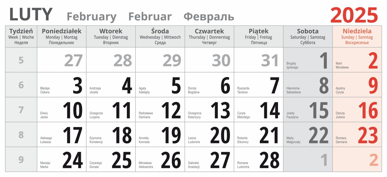 kalendaria trójdzielne - luty 2025