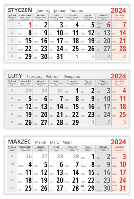 kalendarium trójdzielne na rok 2024 - projekt PDF do druku