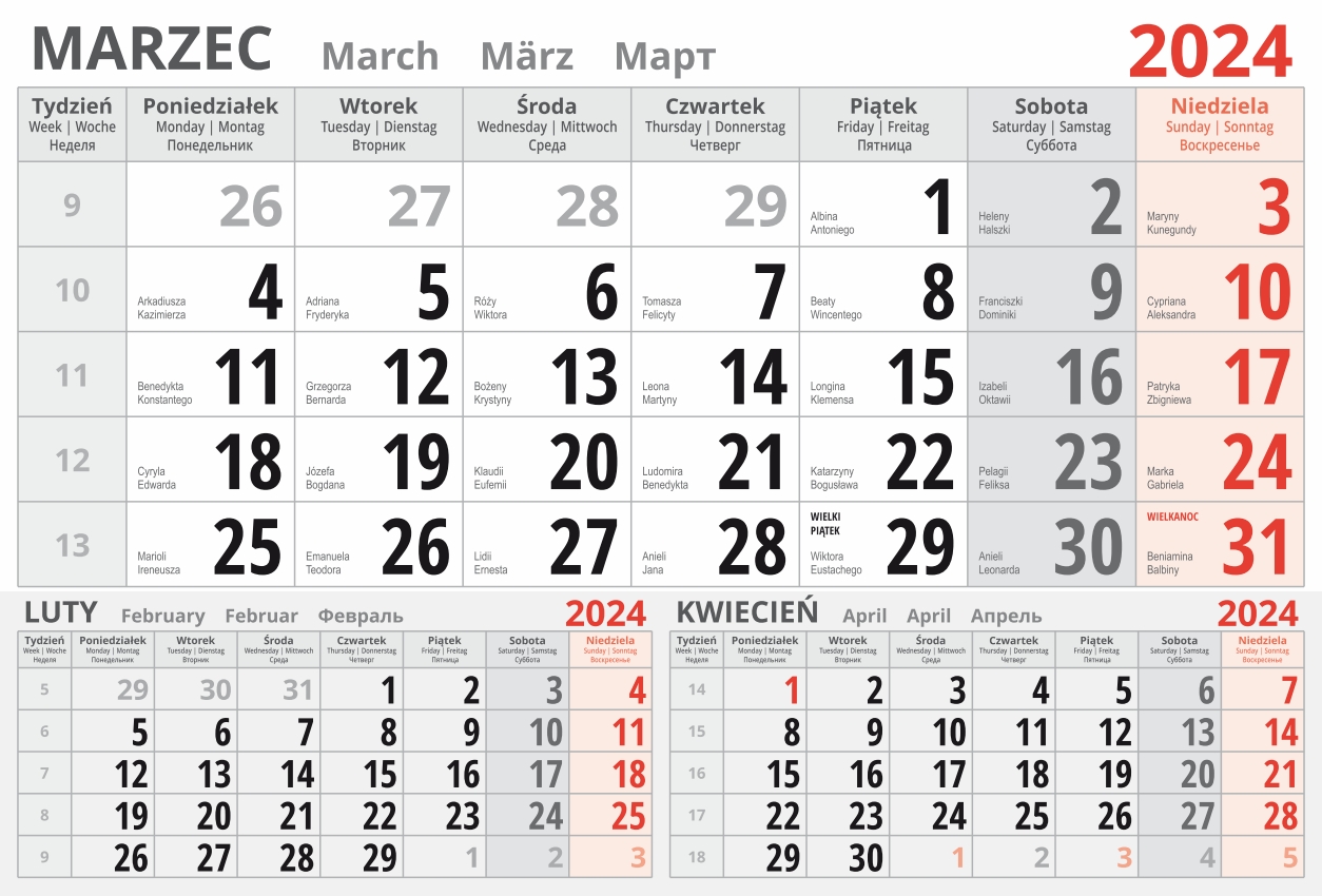 kalendarium jednodzielne 2024 - marzec