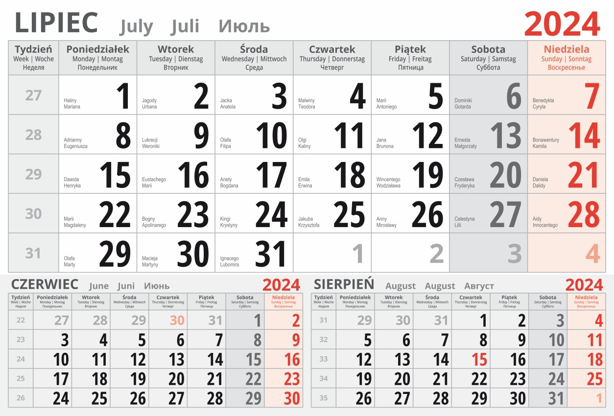 kalendarium jednodzielne 2024 - lipiec