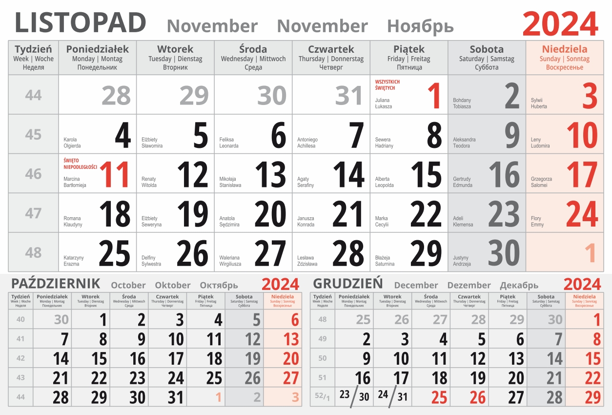 kalendarium jednodzielne 2024 - listopad