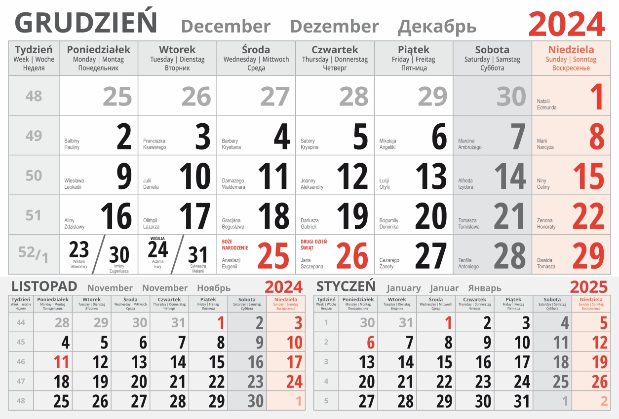 kalendarium jednodzielne 2024 - grudzień